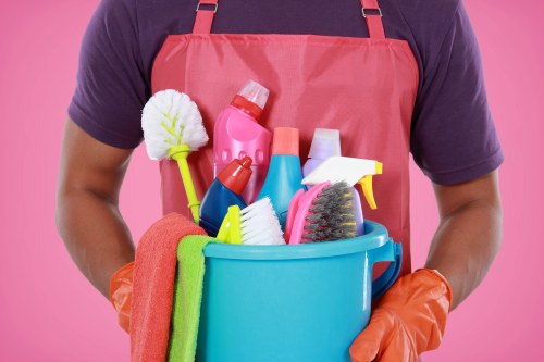 Cleaner checking a workspace before starting cleaning tasks