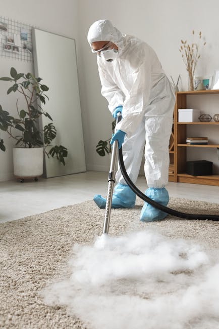 A woman wearing casual clothing and white sneakers is engaged in surface cleaning within a living room, using a yellow vacuum cleaner with a black hose attachment. She is performing deep cleaning on a patterned, multi-colored area rug situated on a wooden floor. The room features a brown leather sofa in the foreground and a wooden sideboard along the wall, which holds a white decorative item and possibly other small objects. The space is well-lit with natural light, highlighting the cleanliness and hygiene of the environment. This image exemplifies domestic cleaning services provided by Cleaners Islington for carpet and surface sanitisation, emphasizing meticulous maintenance of living spaces.